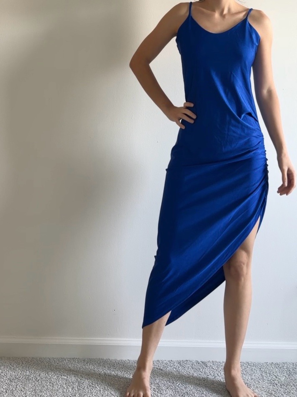 Asymmetric Royal Blue Slip Dress with Side Ruched Hem